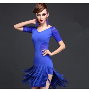 Dark purple royal blue black fringes lace patchwork  short sleeves hollow waist  fashion women's ladies female competition performance latin salsa cha cha dance dresses outfits 